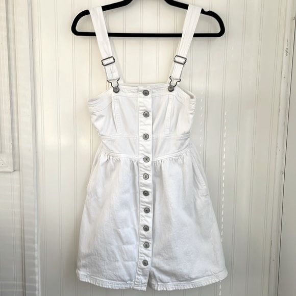 American Eagle Overall Dress Jumper white stretch denim material pockets size XS - Picture 3 of 16